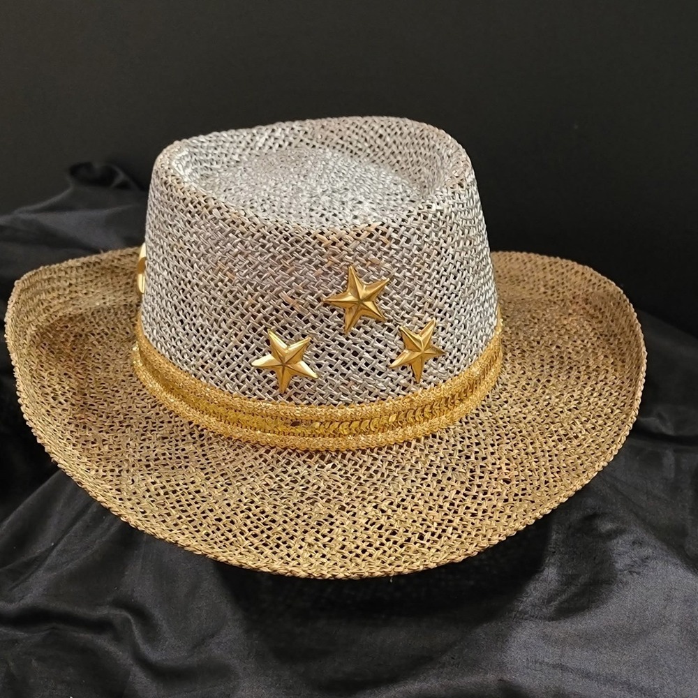 Two Tone Silver and Tan Straw Cowboy Hat Gold Star Studs Western Festival